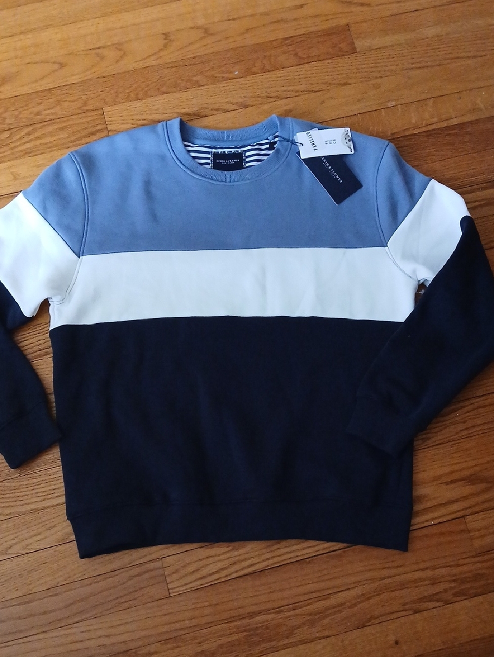 NWT Denim & Flower Navy, White & Light Blue Paneled  Crewneck Sweatshirt■ Size L
